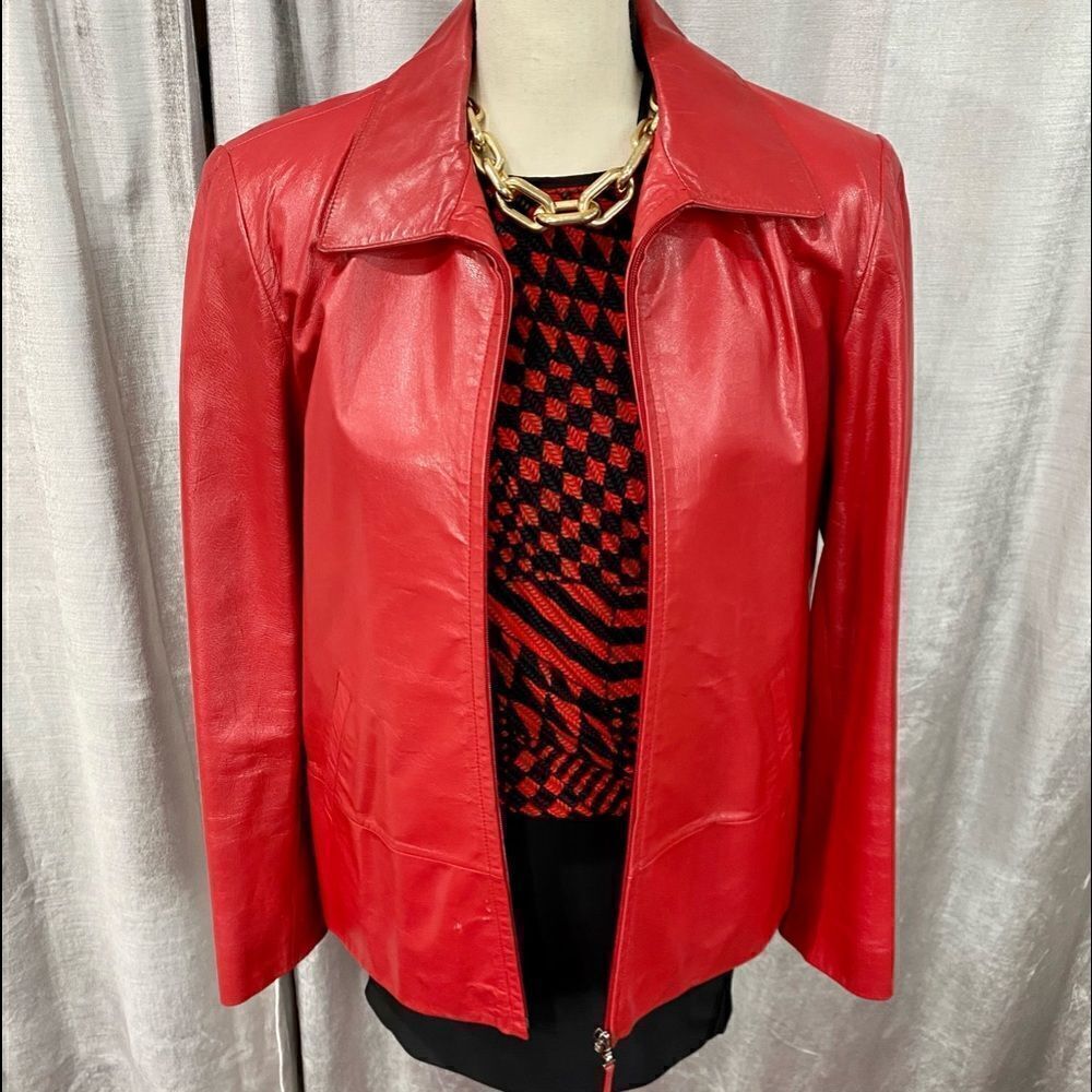 🌟 GARFIELD AND MARKS Red Zip Leather Jacket Y2K